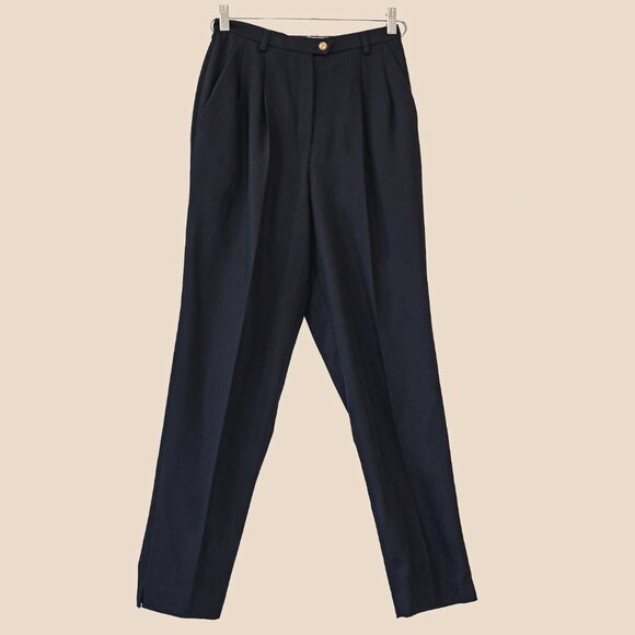 Vintage Navy Blue High Waisted Trousers Size Medium Dressy Fall Holiday Pants - Picture 1 of 4